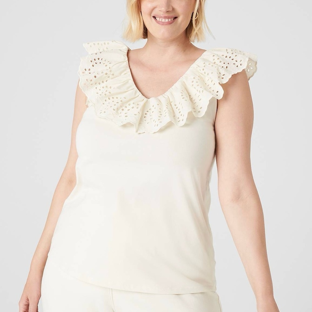 Lane Bryant Classic Double V-Neck Eyelet Ruffle Knit Tank in Cream Size 18/20